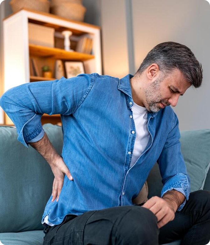 Man holding his lower back in pain while sitting on a sofa