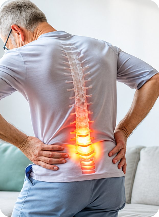 Man holding his lower back with the spine highlighted